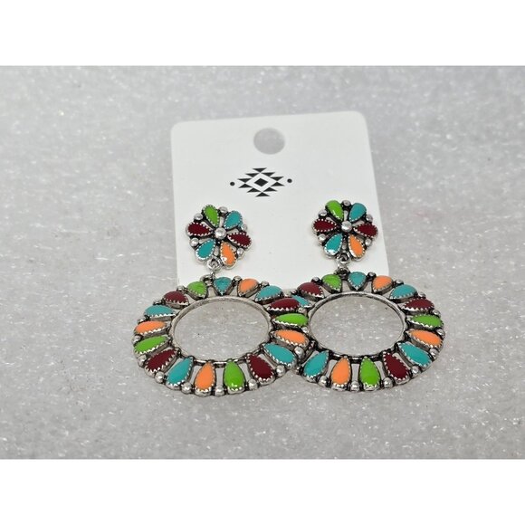Multicolor Faux Stones Southwestern Style Dangle Hoop Earrings With Studs - Picture 1 of 2